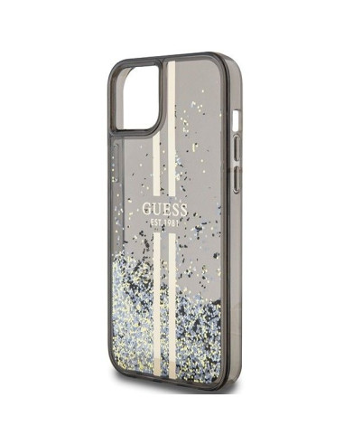 Véritable GUESS Case GUHCP15SLFCSEGK pour iPhone 15 (Liquid Glitter Gold Stripes / Black)