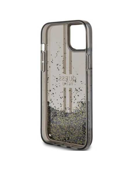 Véritable GUESS Case GUHCP15SLFCSEGK pour iPhone 15 (Liquid Glitter Gold Stripes / Black)
