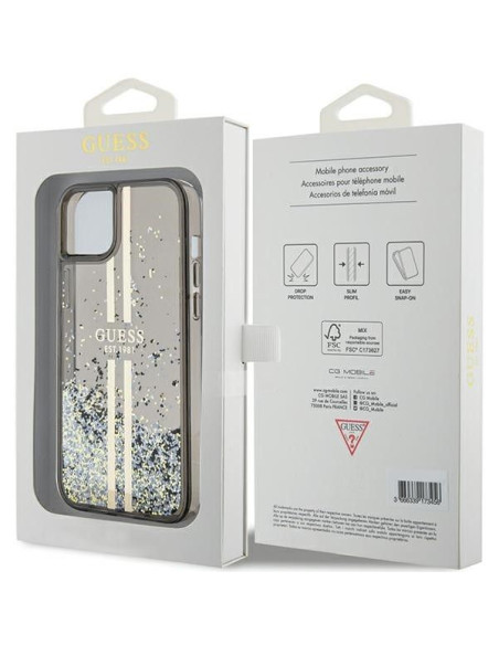Véritable GUESS Case GUHCP15SLFCSEGK pour iPhone 15 (Liquid Glitter Gold Stripes / Black)