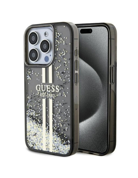 Véritable GUESS Case GUHCP15LLFCSEGK pour iPhone 15 Pro (Liquid Glitter Gold Stripes / Black)