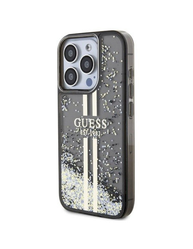 Véritable GUESS Case GUHCP15LLFCSEGK pour iPhone 15 Pro (Liquid Glitter Gold Stripes / Black)