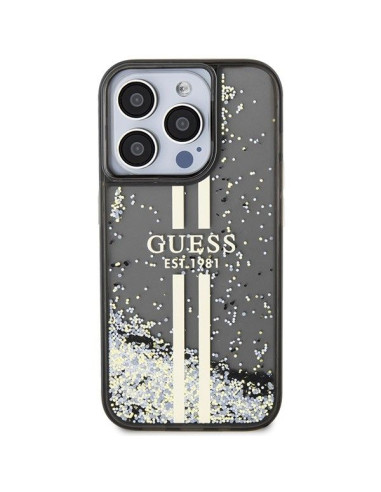 Véritable GUESS Case GUHCP15LLFCSEGK pour iPhone 15 Pro (Liquid Glitter Gold Stripes / Black)
