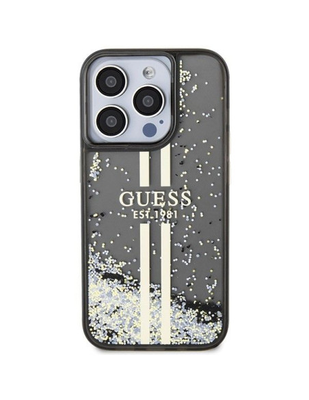 Véritable GUESS Case GUHCP15LLFCSEGK pour iPhone 15 Pro (Liquid Glitter Gold Stripes / Black)