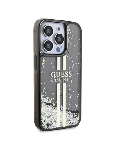 Véritable GUESS Case GUHCP15LLFCSEGK pour iPhone 15 Pro (Liquid Glitter Gold Stripes / Black)