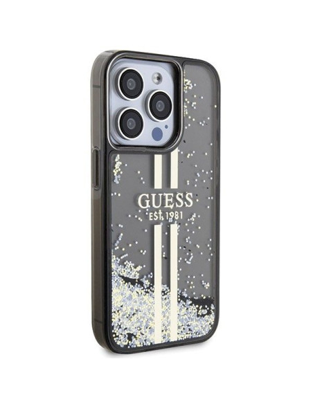 Véritable GUESS Case GUHCP15LLFCSEGK pour iPhone 15 Pro (Liquid Glitter Gold Stripes / Black)
