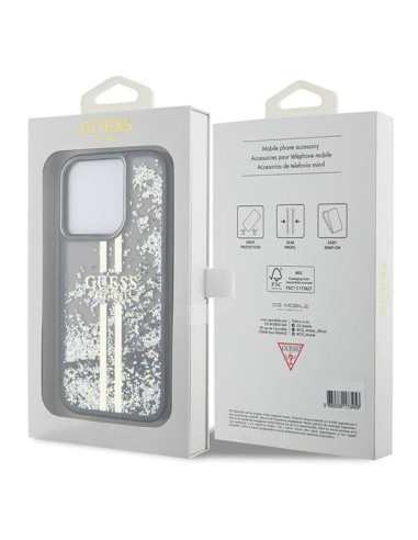 Véritable GUESS Case GUHCP15LLFCSEGK pour iPhone 15 Pro (Liquid Glitter Gold Stripes / Black)