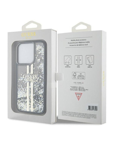 Véritable GUESS Case GUHCP15LLFCSEGK pour iPhone 15 Pro (Liquid Glitter Gold Stripes / Black)