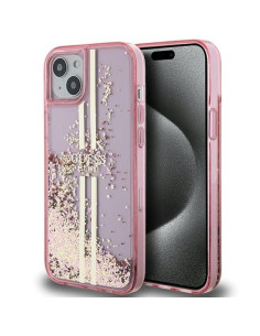 Véritable GUESS Case GUHCP15SLFCSEGP pour iPhone 15 (Liquid Glitter Gold Stripes / Pink)