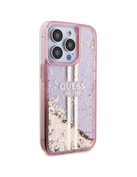 Véritable GUESS Case GUHCP15LLFCSEGP pour iPhone 15 Pro (Liquid Glitter Gold Stripes / Pink)