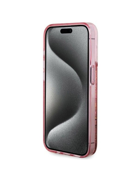 Véritable GUESS Case GUHCP15LLFCSEGP pour iPhone 15 Pro (Liquid Glitter Gold Stripes / Pink)