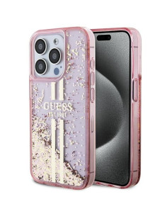 Véritable GUESS Case GUHCP15XLFCSEGP pour iPhone 15 Pro Max (Liquid Glitter Gold Stripes / Pink)