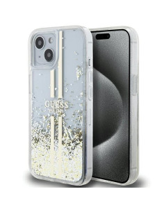 Véritable GUESS Case GUHCP15SLFCSEGT pour iPhone 15 (Liquid Glitter Gold Stripes / transparent)