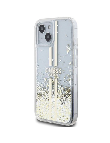 Véritable GUESS Case GUHCP15SLFCSEGT pour iPhone 15 (Liquid Glitter Gold Stripes / transparent)