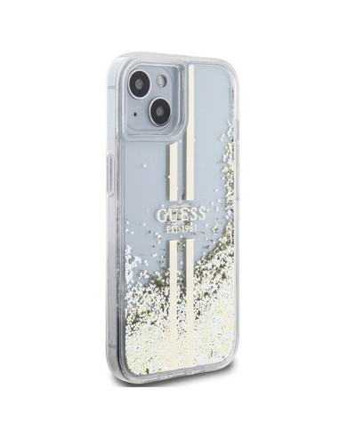 Véritable GUESS Case GUHCP15SLFCSEGT pour iPhone 15 (Liquid Glitter Gold Stripes / transparent)