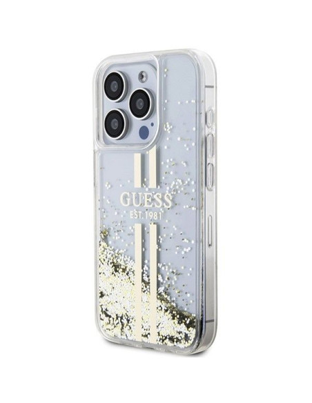 Véritable GUESS Case GUHCP15LLFCSEGT pour iPhone 15 Pro (Liquid Glitter Gold Stripes / transparent)