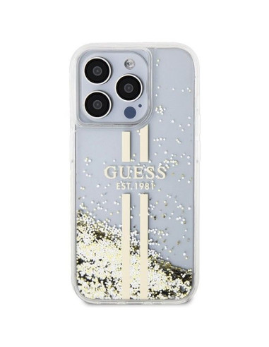 Véritable GUESS Case GUHCP15LLFCSEGT pour iPhone 15 Pro (Liquid Glitter Gold Stripes / transparent)