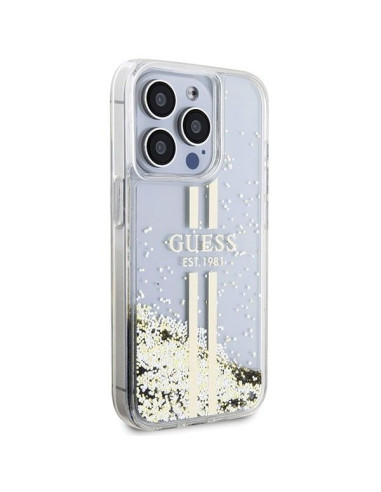 Véritable GUESS Case GUHCP15LLFCSEGT pour iPhone 15 Pro (Liquid Glitter Gold Stripes / transparent)