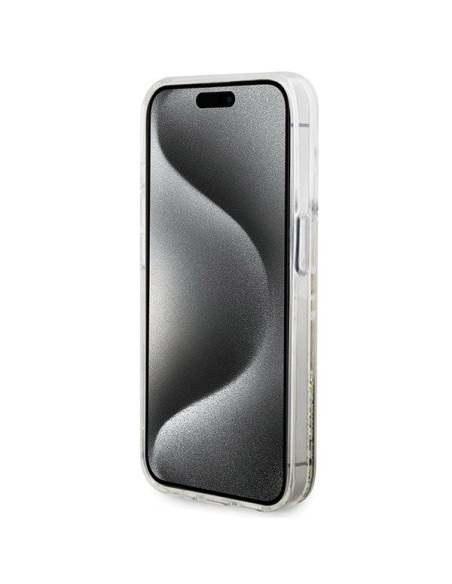 Véritable GUESS Case GUHCP15LLFCSEGT pour iPhone 15 Pro (Liquid Glitter Gold Stripes / transparent)