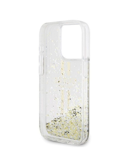 Véritable GUESS Case GUHCP15LLFCSEGT pour iPhone 15 Pro (Liquid Glitter Gold Stripes / transparent)