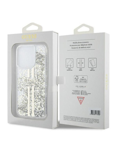 Véritable GUESS Case GUHCP15LLFCSEGT pour iPhone 15 Pro (Liquid Glitter Gold Stripes / transparent)