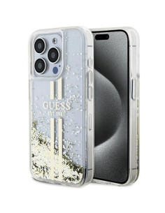 Véritable GUESS Case GUHCP15XLFCSEGT pour iPhone 15 Pro Max (Liquid Glitter Gold Stripes / transparent)