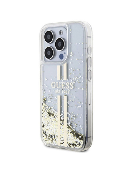 Véritable GUESS Case GUHCP15XLFCSEGT pour iPhone 15 Pro Max (Liquid Glitter Gold Stripes / transparent)