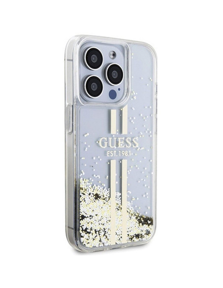 Véritable GUESS Case GUHCP15XLFCSEGT pour iPhone 15 Pro Max (Liquid Glitter Gold Stripes / transparent)