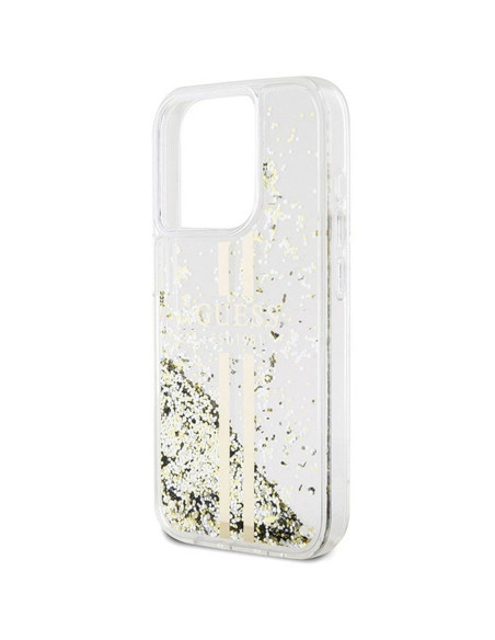 Véritable GUESS Case GUHCP15XLFCSEGT pour iPhone 15 Pro Max (Liquid Glitter Gold Stripes / transparent)
