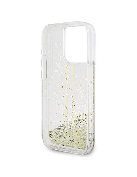 Véritable GUESS Case GUHCP15XLFCSEGT pour iPhone 15 Pro Max (Liquid Glitter Gold Stripes / transparent)