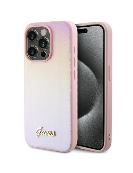 GUESS Coque pour IPHONE 15 Pro GUHCP15LPSAIRSP (Saffiano Iridescent Script) rose