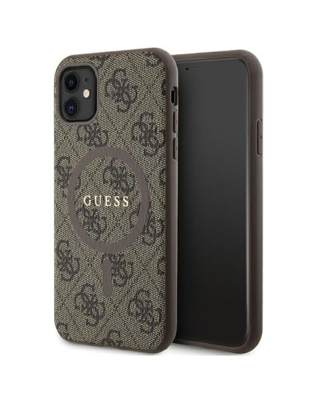 Véritable GUESS Case GUHMN61G4GFRW pour iPhone 11 (Compatible avec Magsafe / 4G Ring classic logo / marron)