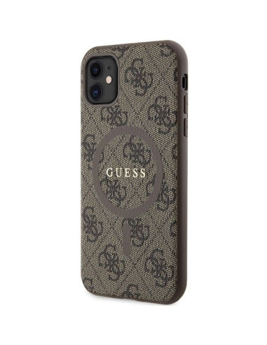 Véritable GUESS Case GUHMN61G4GFRW pour iPhone 11 (Compatible avec Magsafe / 4G Ring classic logo / marron)