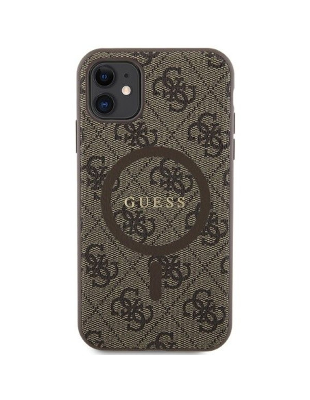 Véritable GUESS Case GUHMN61G4GFRW pour iPhone 11 (Compatible avec Magsafe / 4G Ring classic logo / marron)