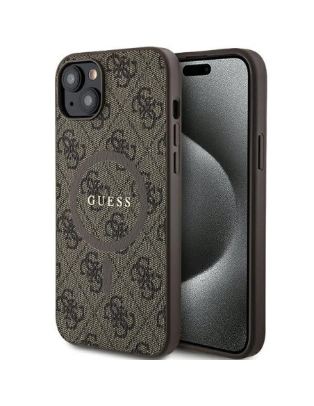 Véritable GUESS Case GUHMP14SG4GFRW pour iPhone 14 (Compatible avec Magsafe / 4G Ring classic logo / marron)