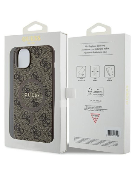 Véritable GUESS Case GUHMP14SG4GFRW pour iPhone 14 (Compatible avec Magsafe / 4G Ring classic logo / marron)