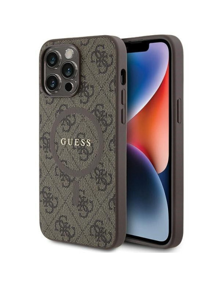 Véritable GUESS Case GUHMP15LG4GFRW pour iPhone 15 Pro (Compatible avec Magsafe / 4G Ring classic logo / marron)
