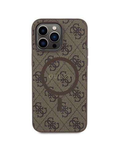Véritable GUESS Case GUHMP15LG4GFRW pour iPhone 15 Pro (Compatible avec Magsafe / 4G Ring classic logo / marron)