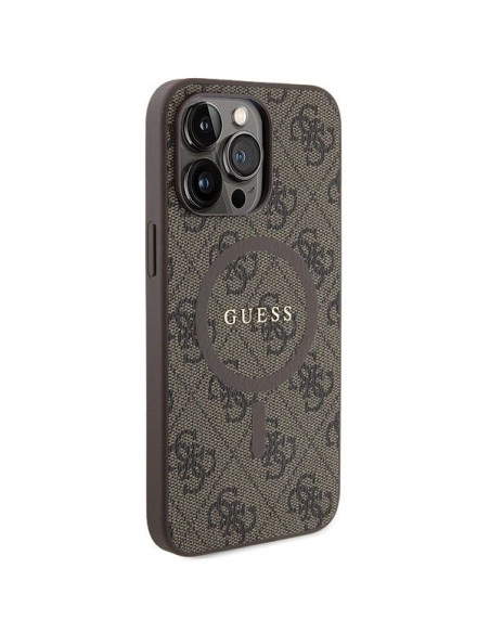 Véritable GUESS Case GUHMP15LG4GFRW pour iPhone 15 Pro (Compatible avec Magsafe / 4G Ring classic logo / marron)