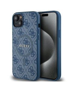 Véritable GUESS Case GUHMP15SG4GFRB pour iPhone 15 (Compatible avec Magsafe / 4G Ring classic logo / bleu)