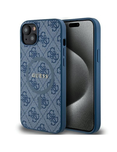 Véritable GUESS Case GUHMP15SG4GFRB pour iPhone 15 (Compatible avec Magsafe / 4G Ring classic logo / bleu)