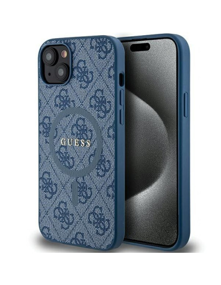 Véritable GUESS Case GUHMP15SG4GFRB pour iPhone 15 (Compatible avec Magsafe / 4G Ring classic logo / bleu)