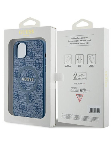Véritable GUESS Case GUHMP15SG4GFRB pour iPhone 15 (Compatible avec Magsafe / 4G Ring classic logo / bleu)