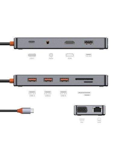 WiWU - HUB 11in1 CB011 Type-C vers USB3.0x3+USB2.0x1+SD/TF(2.0)+HDMIx1+RJ45+VGA+PD+Audio
