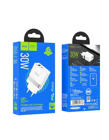 HOCO USB A + Type C PD QC3.0 3A 30W N21 Chargeur de réseau blanc