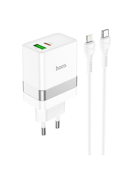 HOCO Chargeur secteur USB A + Type C + câble Type C vers Lightning PD QC3.0 3A 30W N21 blanc