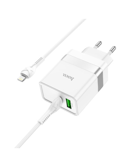 HOCO Chargeur secteur USB A + Type C + câble Type C vers Lightning PD QC3.0 3A 30W N21 blanc