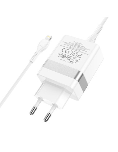 HOCO Chargeur secteur USB A + Type C + câble Type C vers Lightning PD QC3.0 3A 30W N21 blanc