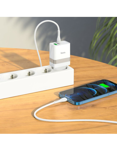 HOCO Chargeur secteur USB A + Type C + câble Type C vers Lightning PD QC3.0 3A 30W N21 blanc