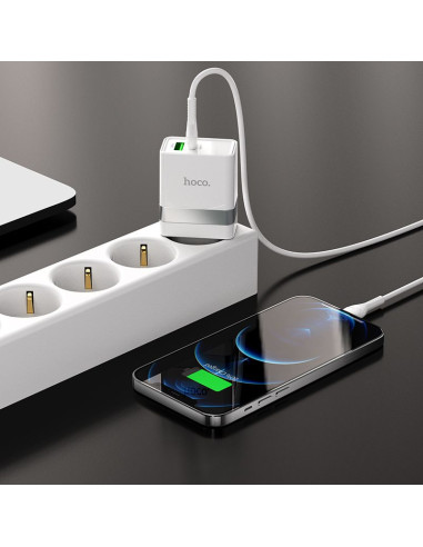 HOCO Chargeur secteur USB A + Type C + câble Type C vers Lightning PD QC3.0 3A 30W N21 blanc
