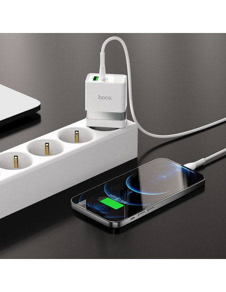 HOCO Chargeur secteur USB A + Type C + câble Type C vers Lightning PD QC3.0 3A 30W N21 blanc